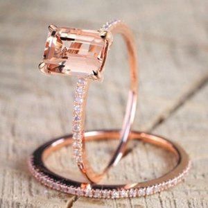 NEW 18K ROSE GOLD DIAMOND MORGANITE 2PC RING SET